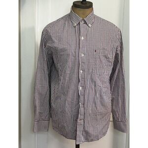 Izod Gingham Plaid  Red, White & Blue Long Sleeve Button Up Shirt Cotton Large‎